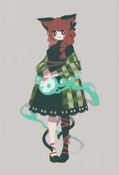 Rule 34 | 1girl, animal ears, black bow, black dress, black footwear, blue fire, blush stickers, bow, braid, breasts, cat ears, cat tail, coat, dress, eyelashes, fire, floating skull, full body, grey background, hair bow, hair over shoulder, hitodama, kaenbyou rin, leg ribbon, loftyanchor, looking at viewer, low twin braids, medium breasts, multiple tails, nekomata, off shoulder, pigeon-toed, plaid, plaid coat, red hair, red ribbon, ribbon, shoes, simple background, skull, smile, solo, standing, tail, touhou, twin braids, two tails, v arms