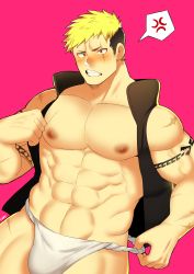 Rule 34 | 1boy, abs, absurdres, alternate costume, bara, bare arms, bare pectorals, bare shoulders, black hair, blonde hair, blush, brown hair, bulge, fujimachine (clayten), fundoshi, highres, japanese clothes, large pectorals, male focus, male underwear, multicolored hair, muscular, navel, nipples, open clothes, pectorals, red eyes, scar, scar across eye, scar on face, short hair, sideburns, simple background, sleeveless, solo, tattoo, onogami tetsuya, thick thighs, thighs, tokyo houkago summoners, underwear, undressing, upper body, white male underwear
