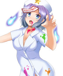 Rule 34 | 1girl, alternate costume, blue eyes, breasts, cleavage, commentary request, cowboy shot, female focus, fingernails, hat, hat ornament, highres, hitodama, jiangshi, looking at viewer, medical scrubs, medium breasts, miyako yoshika, nurse, nurse cap, ofuda, onaho (otayoku), open mouth, purple hair, short hair, short sleeves, simple background, solo, star (symbol), star hat ornament, touhou, touhou lostword, white background