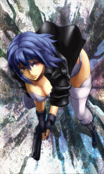 Rule 34 | 1girl, blue hair, boots, breasts, cleavage, female focus, fingerless gloves, from above, full body, ghost in the shell, ghost in the shell stand alone complex, gloves, gun, handgun, iwaya, jacket, kusanagi motoko, pistol, red eyes, shin guards, short hair, solo, thighhighs, weapon