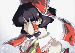 Rule 34 | 1girl, ascot, bare shoulders, black hair, bow, detached sleeves, frilled hair tubes, frilled shirt collar, frills, general orumutsu, hair bow, hair tubes, hakurei reimu, highres, japanese clothes, miko, red bow, red eyes, serious, short hair, solo, touhou, white background, yellow ascot