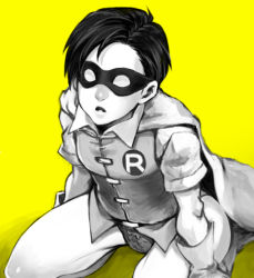 Rule 34 | 1boy, batman (series), cape, color background, dc comics, dick grayson, domino mask, gloves, kneeling, leotard, male focus, mask, monochrome, robin (dc), simple background, solo, tachibana (ghosts 0119), yellow background, yellow theme