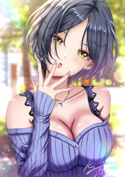 Rule 34 | 1girl, :o, arm up, bad id, bad pixiv id, blue hair, blue shirt, blurry, blurry background, blush, breasts, bush, cleavage, collarbone, ear piercing, hair between eyes, hayami kanade, highres, idolmaster, idolmaster cinderella girls, jewelry, koya (koya x 00), light particles, long sleeves, looking at viewer, medium breasts, nail polish, necklace, off-shoulder shirt, off shoulder, open mouth, outdoors, parted bangs, piercing, ribbed shirt, shirt, short hair, signature, solo, sunlight, tree, upper body, yellow eyes