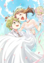 Rule 34 | 1boy, 1girl, arm around shoulder, blush, breasts, brown hair, carrying, cleavage, closed eyes, cloud, commentary request, creatures (company), day, dress, drew (pokemon), eyelashes, floating hair, flower, game freak, gloves, green eyes, green hair, hair between eyes, holding, holding flower, jacket, may (pokemon), necktie, nintendo, open mouth, outdoors, petals, pokemon, pokemon (anime), pokemon rse (anime), sasairebun, shirt, sky, teeth, tongue, wedding, wedding dress, white gloves, white jacket, white shirt