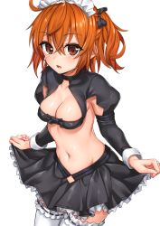 Rule 34 | 1girl, :o, ahoge, alternate costume, armpit crease, armpit cutout, black bow, black ribbon, black skirt, blush, bow, breasts, brown eyes, cleavage, clothing cutout, collarbone, command spell, cowboy shot, crossed bangs, enmaided, fate/grand order, fate (series), frilled thighhighs, frills, fujimaru ritsuka (female), groin, hair between eyes, hair bow, hair ribbon, highres, juliet sleeves, long sleeves, looking at viewer, maid, maid headdress, medium breasts, medium hair, midriff, miniskirt, navel, one side up, open mouth, orange hair, puffy sleeves, ribbon, shiny skin, shrug (clothing), shuutou haruka, simple background, skirt, skirt hold, solo, standing, stomach, thighhighs, white background, white thighhighs
