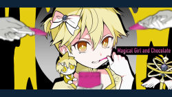 Rule 34 | absurdres, blood, bow, brooch, collarbone, crossdressing, gloves, hair bow, highres, holding, holding wand, jewelry, kagamine len, looking at viewer, mahou shoujo to chokorewito (vocaloid), short hair, short sleeves, solo, song name, syiga, vocaloid, wand, white gloves, yellow eyes