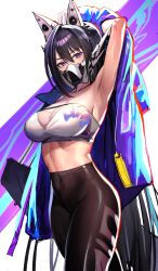 Rule 34 | 1girl, @ @, absurdres, arm up, armpits, bandeau, black hair, black pants, breasts, cleavage, collarbone, cowboy shot, goddess of victory: nikke, hair between eyes, headgear, high-waist pants, high ponytail, highres, jacket, kaki z3, large breasts, leggings, long hair, looking at viewer, mask, mouth mask, open clothes, open jacket, pants, purple eyes, purple jacket, simple background, sin (nikke), sketch, solo, spread armpit, standing, strapless, thighs, tube top, very long hair, yoga pants