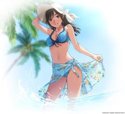 Rule 34 | 1girl, bikini, blue bikini, blurry, breasts, brown eyes, brown hair, cleavage, contrapposto, day, depth of field, dutch angle, front-tie bikini top, front-tie top, hand on headwear, hat, hat ribbon, layered bikini, long hair, looking at viewer, love plus, medium breasts, navel, official art, outdoors, parted lips, ribbon, sarong, smile, solo, standing, sun hat, swimsuit, takane manaka, wading