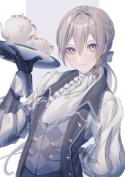 Rule 34 | 1boy, argyle clothes, argyle vest, arm behind back, brooch, closed mouth, cup, fire emblem, fire emblem fates, gloves, grey hair, highres, holding, holding tray, jakob (fire emblem), jewelry, kita 282, long hair, looking at viewer, nintendo, ponytail, teacup, teapot, tray, turtleneck, vest