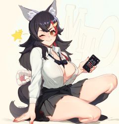Rule 34 | 1girl, ;), animal ear fluff, animal ears, black choker, black hair, black skirt, black socks, blush, bow, bowtie, breasts, brown eyes, cellphone, character name, choker, clothes around waist, collared shirt, dress shirt, hair ornament, hairclip, holding, holding phone, hololive, jacket, jacket around waist, kneehighs, kollerss, large breasts, long hair, long sleeves, looking at viewer, loose bowtie, multicolored hair, nail, nail polish, no bra, one eye closed, ookami mio, open clothes, open shirt, phone, pleated skirt, red hair, red nails, shirt, simple background, skirt, smartphone, smile, socks, solo, star (symbol), streaked hair, thick thighs, thighs, very long hair, virtual youtuber, white shirt, wolf ears
