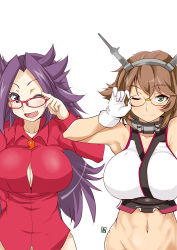 Rule 34 | 10s, 2girls, ;d, aoi manabu, armpits, bespectacled, breasts, brown hair, dress shirt, fang, glasses, gloves, green eyes, headgear, huge breasts, jun&#039;you (kancolle), kantai collection, large breasts, long hair, magatama, multiple girls, mutsu (kancolle), navel, no panties, one eye closed, open mouth, out-of-frame censoring, purple eyes, purple hair, red-framed eyewear, shirt, short hair, smile, tight clothes, tight shirt, upper body, white background, white gloves