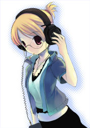 Rule 34 | 1girl, blonde hair, breasts, cardigan, cigarette, cleavage, cross, dutch angle, glasses, hand on own ear, headphones, hiiro yuki, jewelry, latin cross, midriff, necklace, original, polka dot, red eyes, short hair, simple background, small breasts, smoking, solo