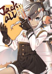 Rule 34 | 1girl, absurdres, animal ears, arms up, bad id, bad twitter id, bell, black gloves, black skirt, breasts, brown hair, buttons, cannon, character name, claw (weapon), closed mouth, cowboy shot, dark-skinned female, dark skin, gloves, grey eyes, grey hair, hair between eyes, hashido kimitaka, headphones, heterochromia, highres, jackal (warship girls r), lifebuoy, long sleeves, looking at viewer, machinery, multicolored hair, red eyes, remodel (warship girls r), shirt, sitting, skirt, small breasts, solo, swim ring, text focus, turret, two-tone background, two-tone hair, warship girls r, weapon, white background, white shirt, yellow background