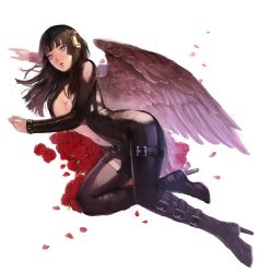 Rule 34 | 1girl, arm support, bad id, bad twitter id, black bodysuit, black footwear, black hair, blunt bangs, bodysuit, boots, breasts, buckle, center opening, cleavage, dead or alive, dead or alive 5, female focus, flower, full-length zipper, hair ornament, hair tubes, high heel boots, high heels, hime cut, knee boots, large breasts, latex, latex bodysuit, latex suit, lips, long hair, looking at viewer, looking up, lying, mole, mole under mouth, navel, nyotengu, o-ring, on side, petals, purple eyes, rose, rose petals, simple background, skin tight, solo, stomach, take no ko (dodon), thigh strap, unzipped, wings, zipper