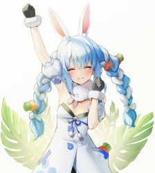 Rule 34 | 1girl, animal ear fluff, animal ears, arm up, armpits, black gloves, blue hair, blush, bow, braid, carrot hair ornament, closed eyes, commentary request, detached sleeves, don-chan (usada pekora), dress, food-themed hair ornament, fur scarf, gloves, hair bow, hair ornament, highres, hololive, long hair, multicolored hair, oni0417, parted lips, puffy short sleeves, puffy sleeves, rabbit ears, rabbit girl, short eyebrows, short sleeves, smile, solo, strapless, strapless dress, thick eyebrows, twin braids, twintails, two-tone hair, usada pekora, usada pekora (1st costume), virtual youtuber, white bow, white dress, white hair