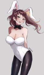 Rule 34 | 1girl, :d, animal ears, arms behind back, bare shoulders, black choker, black pantyhose, bow choker, breasts, brown eyes, brown hair, choker, cleavage, collarbone, cowboy shot, earrings, fake animal ears, jewelry, kujikawa rise, large breasts, leotard, looking at viewer, open mouth, pantyhose, persona, persona 4, playboy bunny, pppppknw, rabbit ears, smile, solo, sphere earrings, strapless, strapless leotard, teeth, twintails, twitter username, upper teeth only, white leotard