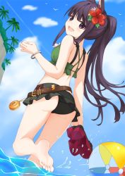 Rule 34 | 1girl, animal ears, ass, ball, barefoot, beach, beachball, blush, feet, flower, hair flower, hair ornament, kasumi (princess connect!), long hair, looking at viewer, open mouth, palm tree, ponytail, princess connect!, purple eyes, purple hair, sandals, shoes, unworn shoes, soles, splashing, toes, tree, water
