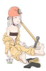Rule 34 | 1girl, absurdres, barefoot, blush, boots, unworn boots, closed eyes, feet, flat chest, girls&#039; frontline, gloves, unworn gloves, gz (gzdteee), head rest, highres, jumpsuit, mining helmet, mp5 (girls&#039; frontline), orange jumpsuit, pickaxe, rubber boots, sitting, soles, solo, sweat, sweatdrop, toes, unzipped, white background, white hair