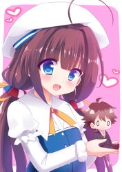 Rule 34 | 0 0, 10s, 1girl, :d, ahoge, bad id, bad pixiv id, beret, black jacket, black pants, blue dress, brown footwear, brown hair, character doll, closed mouth, collared shirt, commentary request, doll, dress, hair between eyes, hat, heart, hinatsuru ai, holding, holding doll, jacket, kuzuryuu yaichi, layered sleeves, long hair, long sleeves, looking at viewer, low twintails, necktie, open mouth, pants, pink background, puffy short sleeves, puffy sleeves, ryuuou no oshigoto!, school uniform, shirt, short over long sleeves, short sleeves, sidelocks, smile, solo, tsubaki (tubaki763), twintails, two-tone background, v-shaped eyebrows, white background, white hat, white shirt, yellow necktie