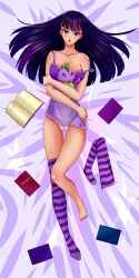 Rule 34 | 1girl, absurdres, barefoot, breasts, feet, highres, lingerie, multicolored hair, my little pony, my little pony: friendship is magic, panties, personification, pink hair, purple eyes, purple hair, solo, striped clothes, striped thighhighs, thighhighs, twilight sparkle, two-tone hair, underwear