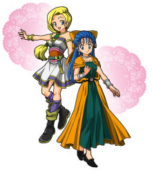 Rule 34 | 2girls, adapted costume, bianca (cosplay), bianca (dq5), blonde hair, blue eyes, blue hair, boots, bow, braid, cape, choker, cosplay, costume switch, dragon quest, dragon quest v, dress, earrings, flora (cosplay), flora (dq5), hair bow, half updo, jewelry, long hair, multiple girls, nika (20090103-sta), single braid, skirt, smile