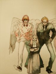 Rule 34 | 1girl, 2boys, angel wings, black suit, blonde hair, brothers, cape, chikama (minka), collared shirt, cross, donquixote doflamingo, donquixote rocinante, earrings, formal, habit, hand in pocket, heart, heart print, height difference, highres, jewelry, long sleeves, makeup, multiple boys, necktie, old, old woman, one piece, pink shirt, red cape, shirt, short hair, siblings, suit, sunglasses, traditional media, tsuru (one piece), white hair, white necktie, wings, wrinkled skin