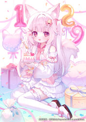 Rule 34 | 1girl, animal ear fluff, animal ears, balloon, bow, box, cake, d omm, detached sleeves, food, fork, fox ears, fox tail, frills, full body, gift, gift box, hair ornament, heart balloon, holding, holding fork, indie virtual youtuber, japanese clothes, kimono, kohaku uru, long hair, long sleeves, looking at viewer, open mouth, pink eyes, pink hair, plate, red eyes, sandals, sitting, smile, solo, tail, thighhighs, virtual youtuber, white hair, white thighhighs, yokozuwari