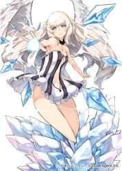 Rule 34 | 1girl, angel wings, bare legs, blue eyes, center opening, dress, hair ornament, ice, keypot, long hair, looking at viewer, million chain, official art, outstretched arms, short dress, silver hair, simple background, solo, strapless, strapless dress, very long hair, white background, wings