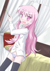 Rule 34 | 00s, artist request, bed, long hair, louise francoise le blanc de la valliere, panties, pink hair, striped clothes, striped panties, thighhighs, underwear, wand, zero no tsukaima