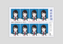 Rule 34 | 1girl, aqua eyes, black hair, blue background, blue hairband, closed mouth, collared shirt, glasses, grey background, grid, hairband, highres, kantai collection, looking at viewer, multiple views, necktie, ojipon, ooyodo (kancolle), photo (object), portrait, red necktie, semi-rimless eyewear, shirt, smile, translation request, white shirt
