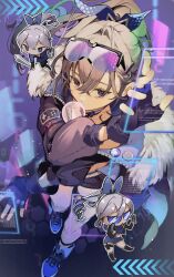 1girl blowing_bubbles chibi fingerless_gloves gloves goggles gradient-tinted_eyewear grey_hair gun handgun highres honkai:_star_rail honkai_(series) nachoz_(nachozart) pistol shield silver_wolf_(honkai:_star_rail) sword thigh_strap tinted_eyewear walking weapon