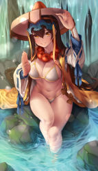 Rule 34 | 1girl, :d, absurdres, adjusting clothes, adjusting headwear, arm up, bangle, bare legs, beads, bikini, blue ribbon, blush, bow, bracelet, breasts, brown bow, brown eyes, brown hair, cleavage, commentary request, earrings, fate/grand order, fate (series), fingernails, forest, glint, grin, hand on headwear, hat, headpiece, highres, hoop earrings, ichimegasa, japanese clothes, jewelry, knee up, large breasts, lens flare, light particles, lips, long fingernails, long hair, long sleeves, looking at viewer, naidong (artist), nail polish, nature, navel, open clothes, open mouth, prayer beads, ribbon, ribbon-trimmed sleeves, ribbon trim, ring, robe, rock, sitting, smile, soaking feet, solo, stomach, string bikini, sunlight, swimsuit, teeth, very long hair, water, white bikini, white hat, wide sleeves, xuangzang sanzang (fate)