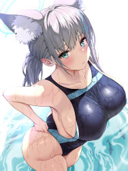 Rule 34 | 1girl, absurdres, adjusting clothes, adjusting swimsuit, animal ear fluff, animal ears, ariso kaoru, ass, blue archive, blue eyes, blue one-piece swimsuit, blush, breasts, closed mouth, collarbone, competition swimsuit, cross hair ornament, from above, grey hair, hair ornament, highres, large breasts, long hair, looking at viewer, one-piece swimsuit, shiroko (blue archive), shiroko (swimsuit) (blue archive), sidelocks, standing, swimsuit, taut clothes, taut swimsuit, wading, wedgie, wet
