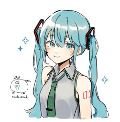 Rule 34 | 1girl, artist logo, artist name, blue eyes, blue hair, blush, closed mouth, commentary, green necktie, grey shirt, hair between eyes, hatsune miku, long hair, looking at viewer, necktie, shirt, simple background, sleeveless, sleeveless shirt, smile, solo, sparkle, tattoo, twintails, upper body, vocaloid, wandu mook, white background