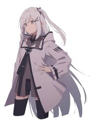 Rule 34 | 1girl, allial (coefont), black shorts, black thighhighs, closed mouth, coat, coefont, collared shirt, commentary request, cropped legs, cross tie, expressionless, grey eyes, grey shirt, hair ornament, hairclip, hand on own hip, highres, hood, hood down, hooded coat, long hair, long sleeves, looking ahead, minatsuki (m1natsuk1), one side up, shirt, short shorts, shorts, sleeveless, sleeveless shirt, solo, thighhighs, very long hair, white background, white coat, white hair, zettai ryouiki