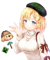 Rule 34 | 1girl, aoilio, blonde hair, blue eyes, blush, breasts, bubba (watson amelia), clothing cutout, commentary request, creeper, deerstalker, green hat, grin, hair ornament, hand up, hat, highres, hololive, hololive english, jewelry, large breasts, long sleeves, looking at viewer, medium hair, minecraft, necklace, pickaxe, ribbon, signature, simple background, smile, solo, sweater, turtleneck, turtleneck sweater, upper body, virtual youtuber, watson amelia, white background