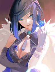 Rule 34 | 1girl, absurdres, arm under breasts, asymmetrical gloves, bead choker, blue eyes, blue hair, bob cut, breasts, cleavage, closed mouth, diagonal bangs, dice, elbow gloves, feather-trimmed jacket, fur-trimmed jacket, fur trim, genshin impact, gloves, halo, highres, holding, jacket, jacket on shoulders, jewelry, large breasts, looking at viewer, mismatched gloves, mole, mole on breast, multicolored hair, neck tassel, serpent (pepepp39), short hair, single elbow glove, smile, solo, tassel, tassel choker, white gloves, yelan (genshin impact)