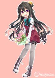 Rule 34 | 10s, 1girl, :d, black hair, blush, boots, bouquet, bow, bowtie, commentary request, cross-laced footwear, fang, flower, full body, gradient eyes, grey pantyhose, hair bun, kantai collection, lace-up boots, long hair, long sleeves, multicolored eyes, multicolored hair, naganami (kancolle), nagasioo, open mouth, pantyhose, pink background, pink hair, purple eyes, school uniform, single hair bun, smile, solo, twitter username, two-tone hair, yellow eyes