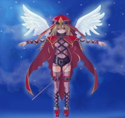Rule 34 | 00s, 1girl, angel, ankle cuffs, archangel gabriel, blonde hair, blue background, bondage outfit, breasts, cape, chain, cloud, cloudy sky, collar, covered navel, fantasy, feathered wings, feathers, flying, full body, glowing, glowing wings, habit, hat belt, highres, kinoto (ruindivinity), leash, long hair, magic, medium breasts, night, night sky, nun, outdoors, red cape, red eyes, sasha kruschschev, shoes, sky, solo, sparkle, star (sky), starry sky, t-pose, thigh strap, thighhighs, toaru majutsu no index, wings