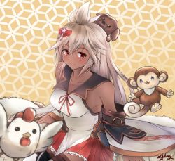 Rule 34 | 1girl, bird, blush, breasts, chicken, collarbone, commentary request, dark skin, dark-skinned female, detached sleeves, dog, granblue fantasy, grey hair, hair ribbon, large breasts, long hair, looking at viewer, monkey, nontraditional miko, pleated skirt, red eyes, rengkong, ribbon, signature, skirt, smile, solo, zooey (granblue fantasy)