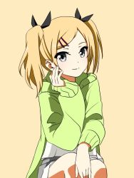 Rule 34 | 1girl, blonde hair, grey eyes, hair ornament, hairclip, hand up, long sleeves, looking at viewer, mitsuhiro-510-goto, shirobako, short twintails, shorts, simple background, sitting, smile, solo, twintails, yano erika, yellow background