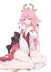 Rule 34 | 1girl, absurdres, animal ears, back bow, bare legs, bare shoulders, barefoot, bow, commentary request, detached sleeves, earrings, feet, foot out of frame, fox ears, genshin impact, hand up, highres, japanese clothes, jewelry, kirschma, legs, long hair, looking at viewer, open mouth, pink hair, purple eyes, shirt, simple background, sitting, sleeveless, sleeveless shirt, smile, solo, toenails, toes, turtleneck, white background, white shirt, white sleeves, wide sleeves, yae miko, yokozuwari