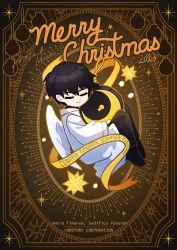 Rule 34 | 1boy, 2023, absurdres, ayin (project moon), black footwear, black pants, chibi, christmas ornaments, closed eyes, closed mouth, coat, company logo, gredell elle, highres, lab coat, latin text, lobotomy corporation, long sleeves, male focus, merry christmas, pants, project moon, shoes, smile, solo, translated, white coat