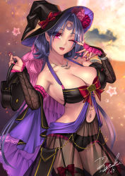 Rule 34 | 1girl, bat (animal), black hat, black panties, black thighhighs, breasts, cleavage, commentary request, cowboy shot, crescent, crescent facial mark, dated, detached sleeves, eyelashes, facial mark, fangs, finger to eye, flower, forehead mark, frilled panties, frills, garter straps, halloween, halterneck, hat, hat flower, hat ribbon, highres, jewelry, large breasts, long hair, looking at viewer, nail polish, navel, necklace, one eye closed, open mouth, original, panties, pink eyes, pink nails, pumpkin, purple hair, red ribbon, ribbon, ryuki@maguro-ex, see-through, signature, solo, sparkle, standing, star (symbol), thighhighs, underwear, veins, veiny breasts, witch hat