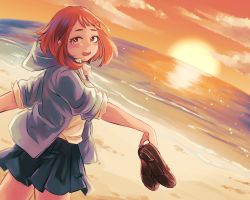 Rule 34 | 1girl, :d, beach, blush, boku no hero academia, brown eyes, brown hair, day, grey sweater, highres, holding, holding shoes, loafers, looking at viewer, ocean, open mouth, outdoors, pleated skirt, sand, school uniform, shirt, shoes, unworn shoes, short eyebrows, short hair, sidelocks, skirt, sleeves rolled up, smile, solo, standing, sun, sweater, tabetai omochi, teeth, u.a. school uniform, upper teeth only, uraraka ochako