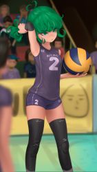 Rule 34 | 1girl, absurdres, adjusting hair, arm up, armpits, ball, cowboy shot, curly hair, daniel deves, feet out of frame, female focus, green eyes, green hair, highres, holding, holding ball, knee pads, matching hair/eyes, one-punch man, parted lips, shirt, short hair, shorts, sleeveless, sportswear, standing, tatsumaki, volleyball, volleyball (object), volleyball uniform