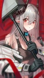 Rule 34 | arknights, bare shoulders, black choker, black gloves, breasts, choker, cleavage, crop top, gloves, hair between eyes, hammer, highres, holding, holding hammer, holding weapon, horns, infection monitor (arknights), kobayashi (jna x rgh), large breasts, long hair, long sleeves, looking at viewer, material growth, midriff, mudrock (arknights), off shoulder, oripathy lesion (arknights), parted lips, pointy ears, red eyes, sarashi, silver hair, sports bra, upper body, weapon