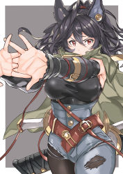 Rule 34 | 1girl, absurdres, animal ears, black hair, black pantyhose, breasts, cape, denim, erune, granblue fantasy, hair between eyes, high-waist pants, highres, holster, ilsa (granblue fantasy), jeans, large breasts, long hair, messy hair, mika (gbf), outside border, pants, pantyhose, ponytail, red eyes, solo, stretching, torn clothes, torn jeans, torn pants