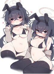 Rule 34 | 1girl, absurdres, alternate breast size, animal ears, bad id, bad pixiv id, bikini, black bikini, black choker, black eyes, black hair, black thighhighs, blue archive, blue ribbon, breasts, choker, crossed bangs, fake animal ears, hair between eyes, hair ribbon, halo, heart, highres, large breasts, long hair, looking at viewer, low twintails, mg pong, multiple views, navel, rabbit ears, ribbon, simple background, sitting, swimsuit, thighhighs, twintails, ui (blue archive), white background
