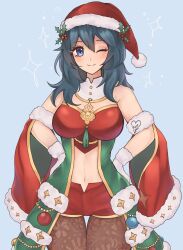 Rule 34 | 1girl, ;), bare shoulders, blue background, blue eyes, blue hair, blush, brown pantyhose, byleth (female) (fire emblem), byleth (female) (frosty professor) (fire emblem), byleth (fire emblem), christmas, commentary, cowboy shot, detached sleeves, fire emblem, fire emblem: three houses, fire emblem heroes, gloves, hands on own hips, hat, highres, long hair, looking at viewer, midriff, navel, nintendo, official alternate costume, one eye closed, pantyhose, purrlucii, red hat, red shirt, red shorts, santa hat, shirt, short shorts, shorts, simple background, smile, solo, standing, stomach, strapless, strapless shirt, thighs, white gloves